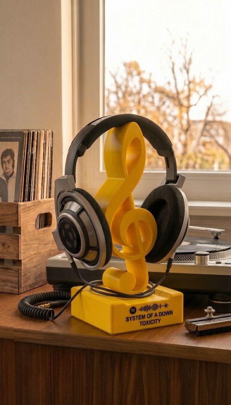 Yellow treble clef headphone stand with Toxicity song code on base.