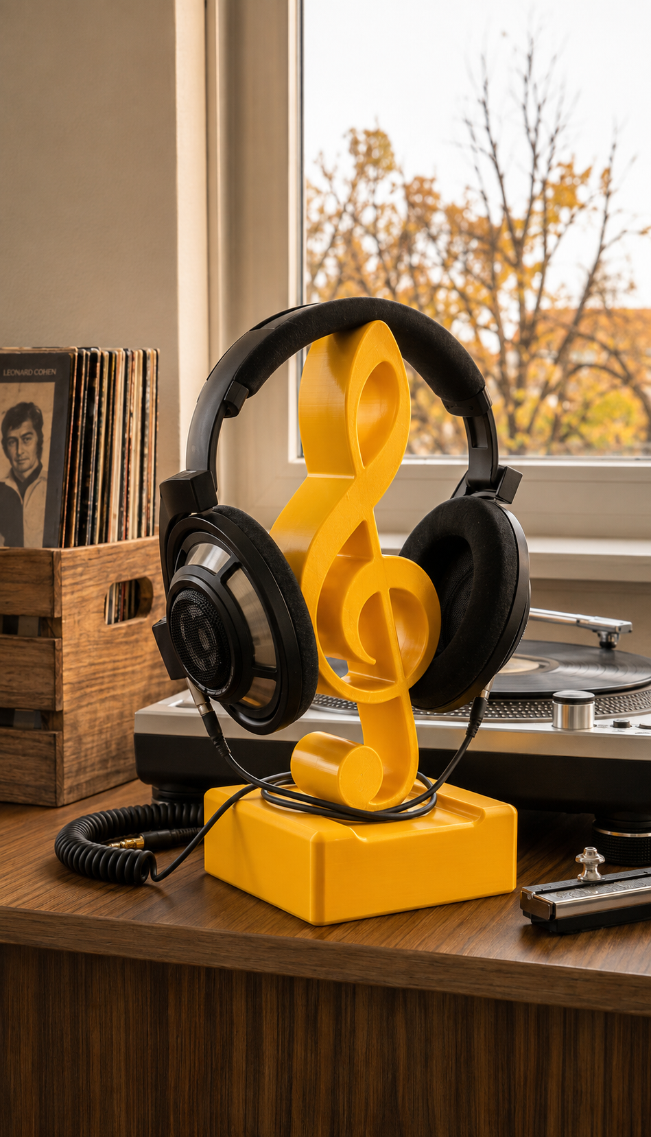 Yellow treble clef headphone stand with black headphones on a desk.