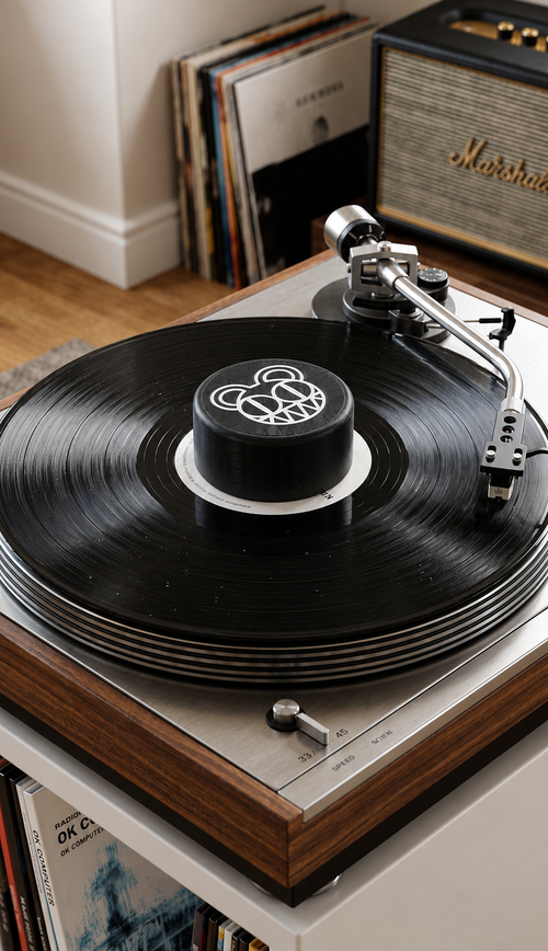 Black record stabilizer with white bear graphic on a turntable.