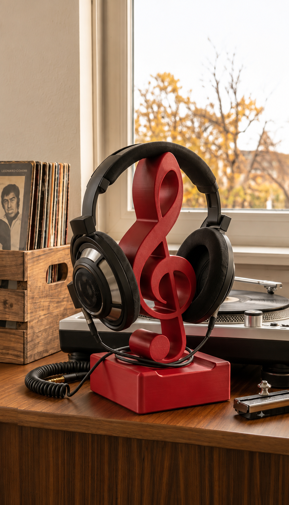 Red treble clef headphone stand with black headphones on a desk.