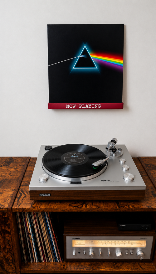 Dark red wall-mounted vinyl record shelf with white 'NOW PLAYING' text.