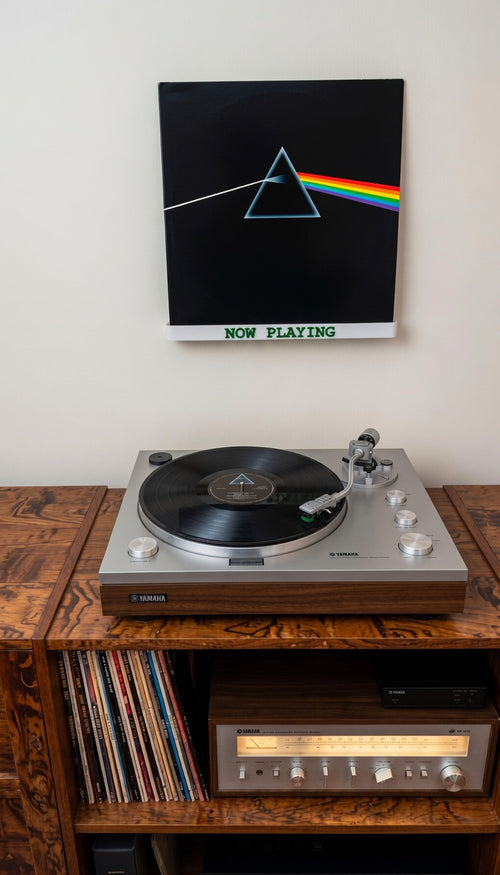 White wall-mounted vinyl record shelf with green 'NOW PLAYING' text.