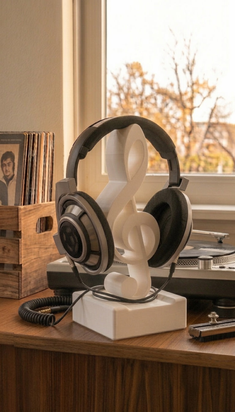 White treble clef headphone stand holding over-ear headphones.