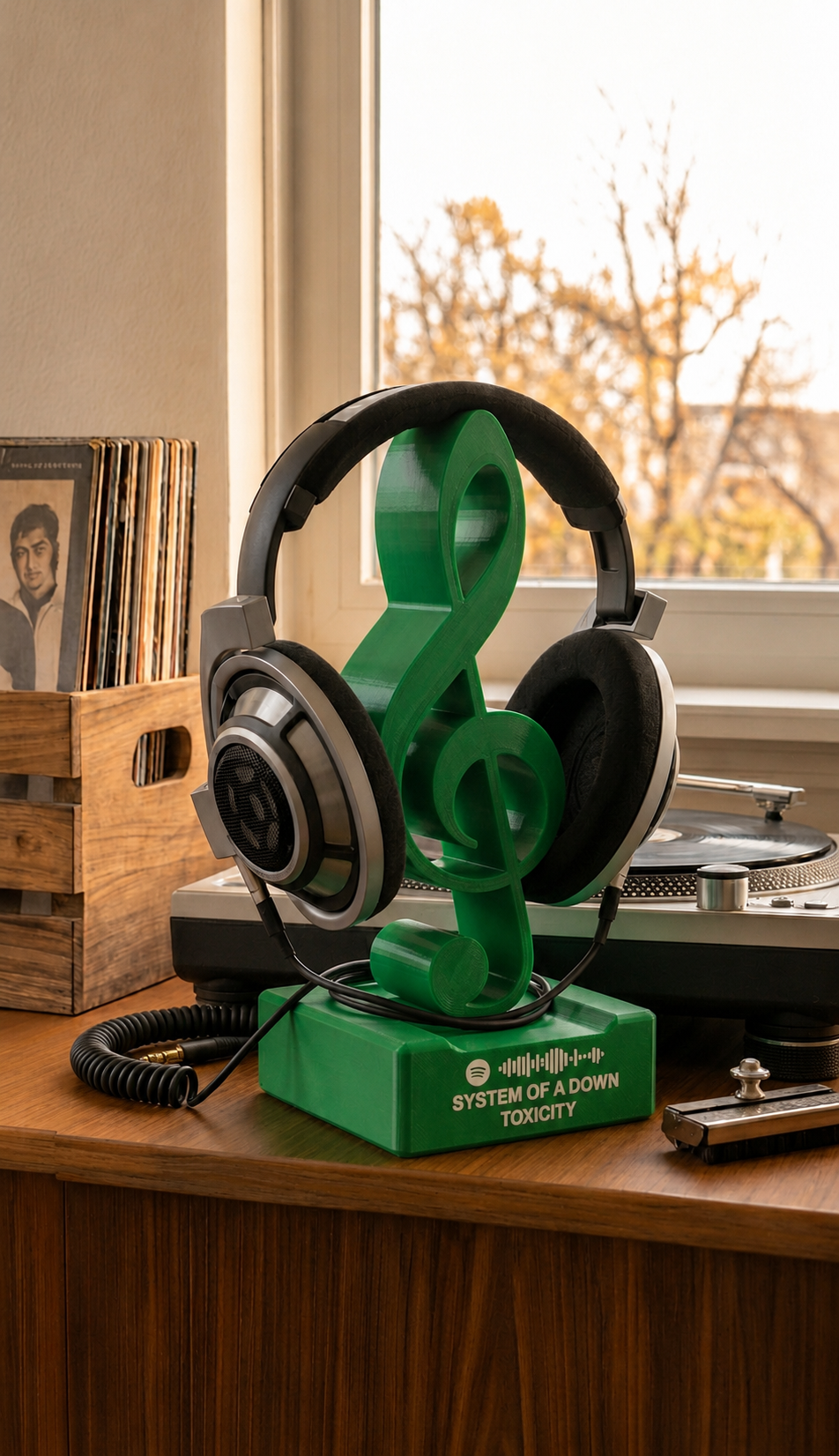 Green treble clef headphone stand with scannable song code.