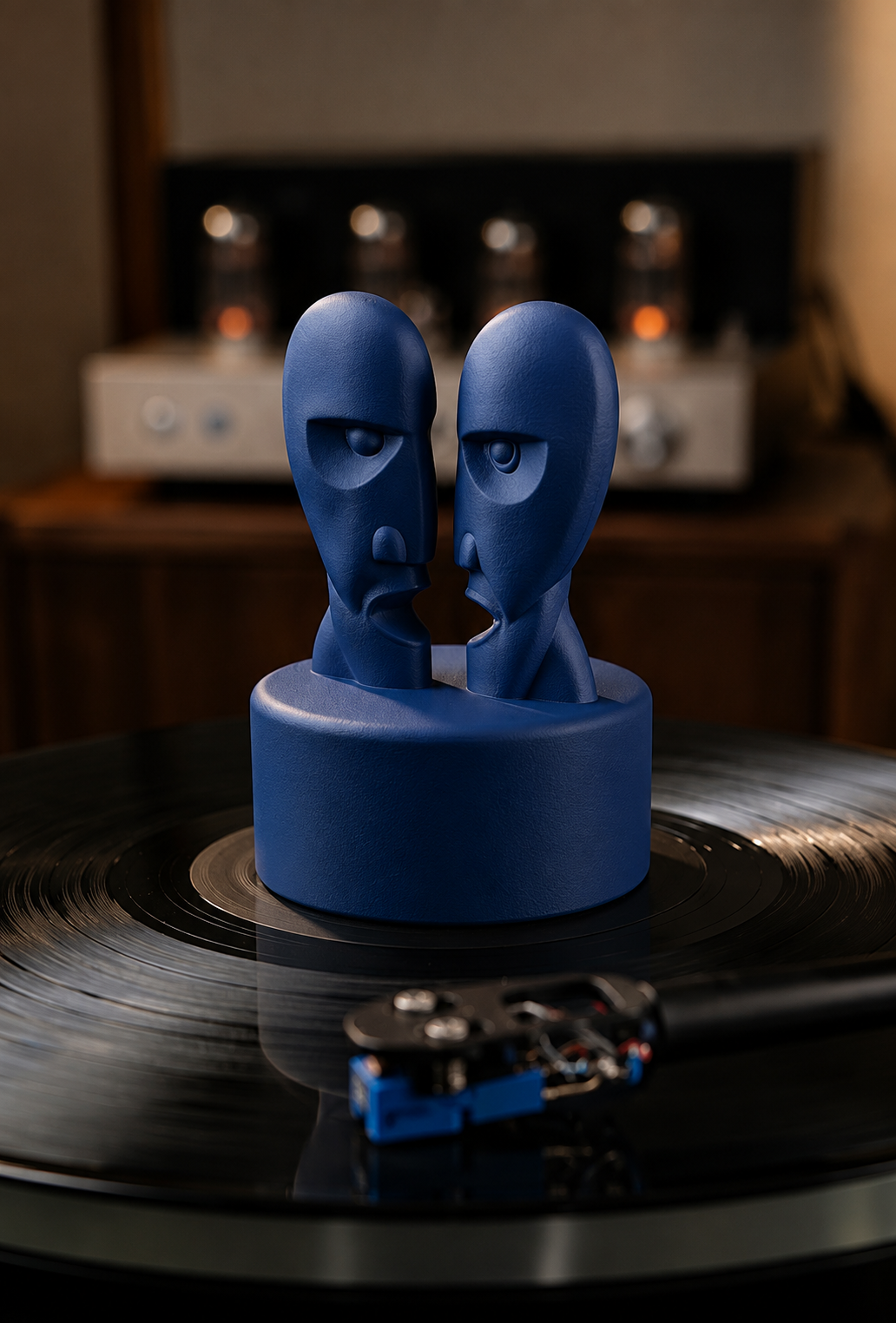 Matte blue record weight with dual face design on a vinyl record.