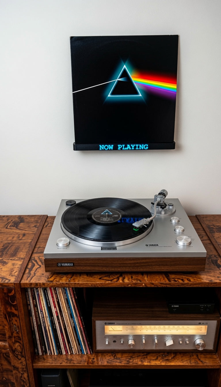 Black wall-mounted vinyl record shelf with light blue 'NOW PLAYING' text.