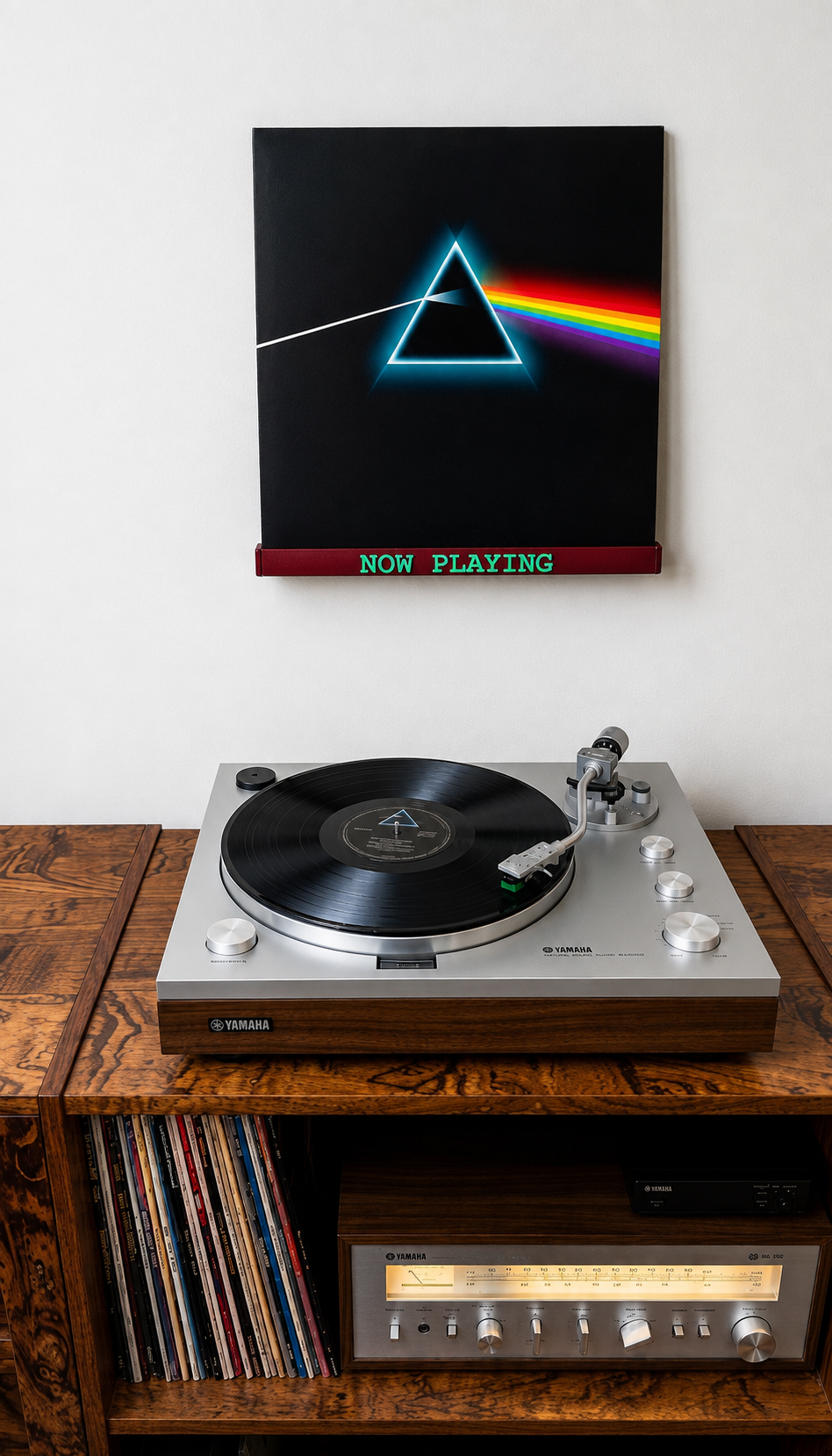 Dark red wall-mounted vinyl record shelf with green 'NOW PLAYING' text.
