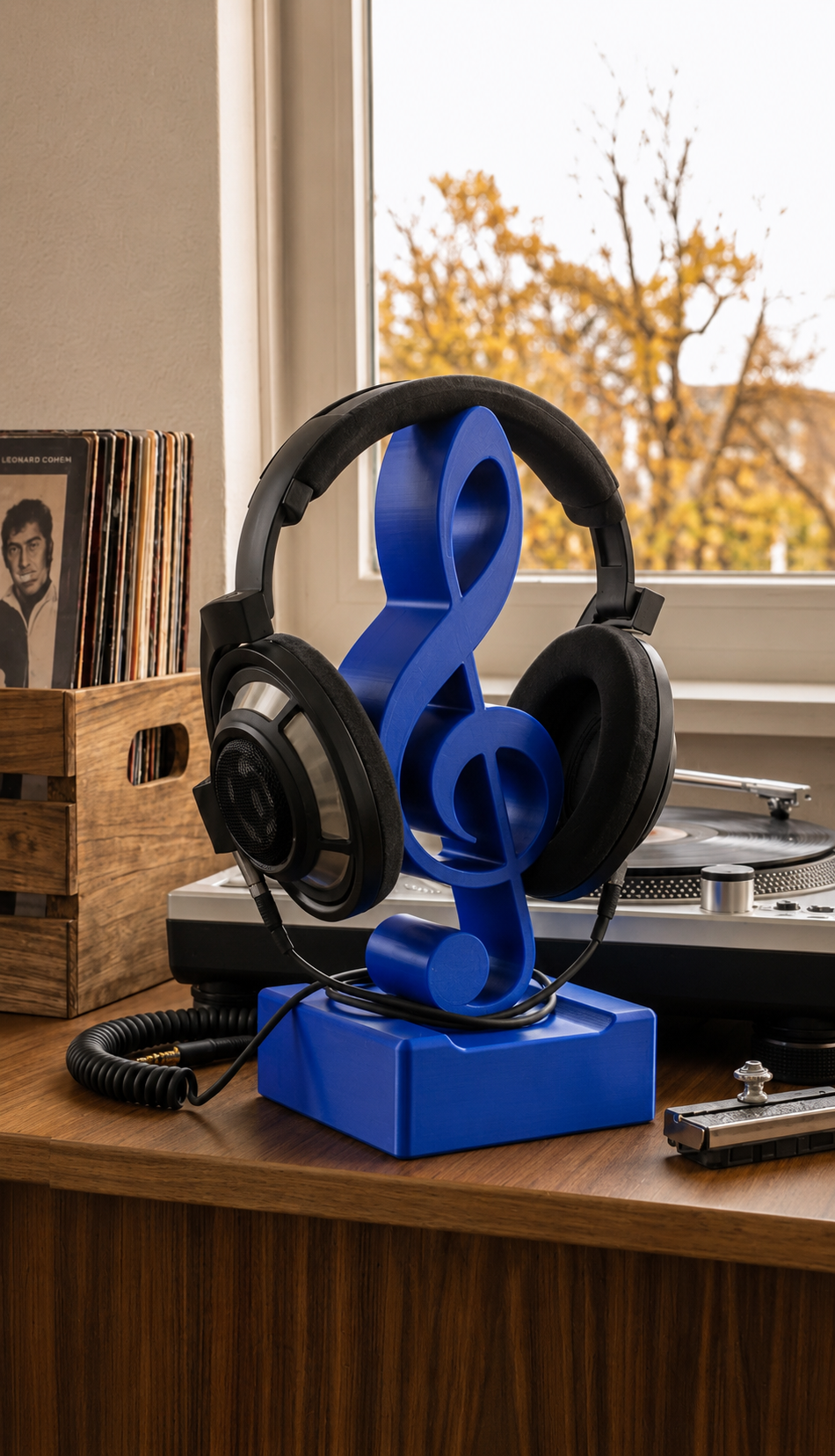 Blue treble clef headphone stand with black headphones on a desk.