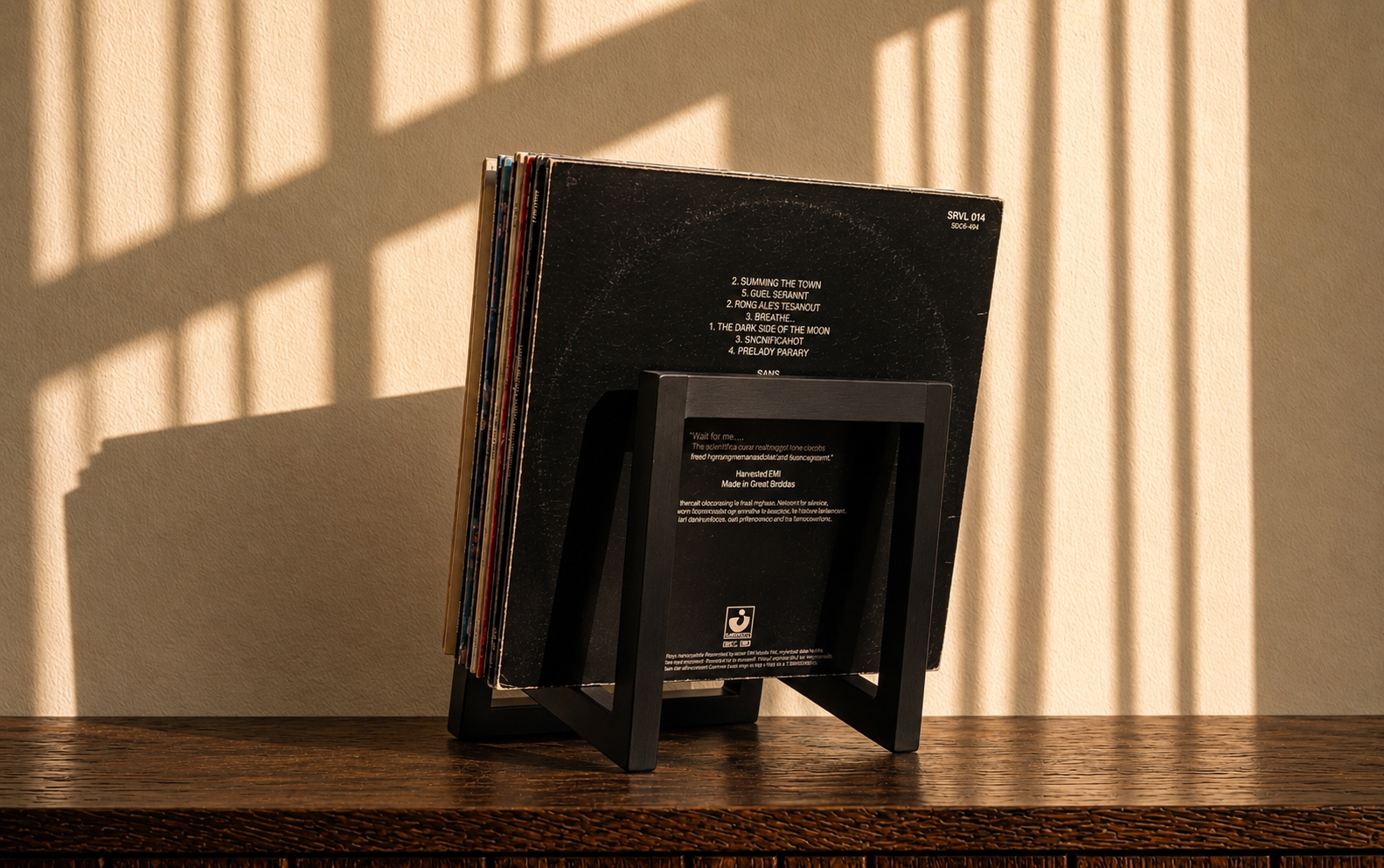 Rear view of a black square-frame vinyl record stand holding albums.