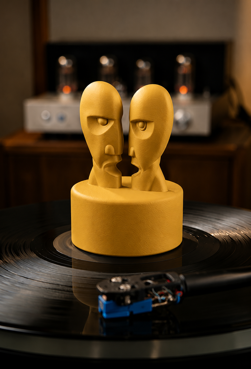 Yellow record weight with face sculpture on a vinyl turntable.