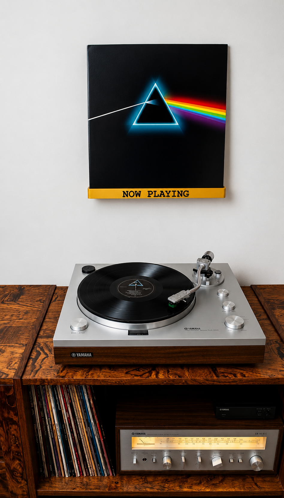 Yellow wall-mounted vinyl record shelf with black 'NOW PLAYING' text.