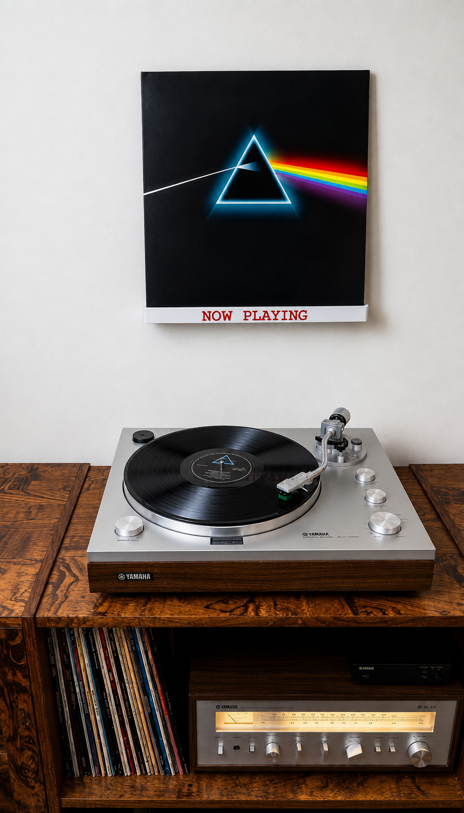 White wall-mounted vinyl record shelf with red 'NOW PLAYING' text.