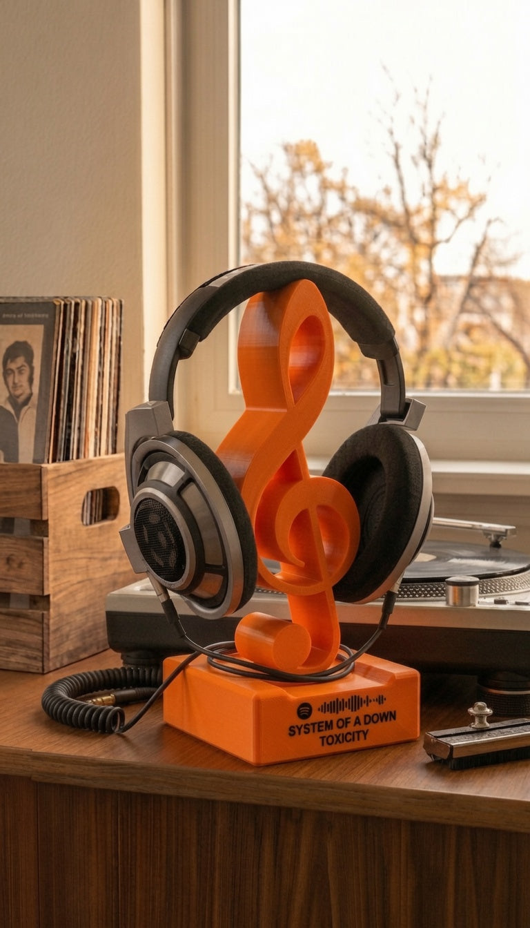 Orange treble clef headphone stand with Toxicity song code.