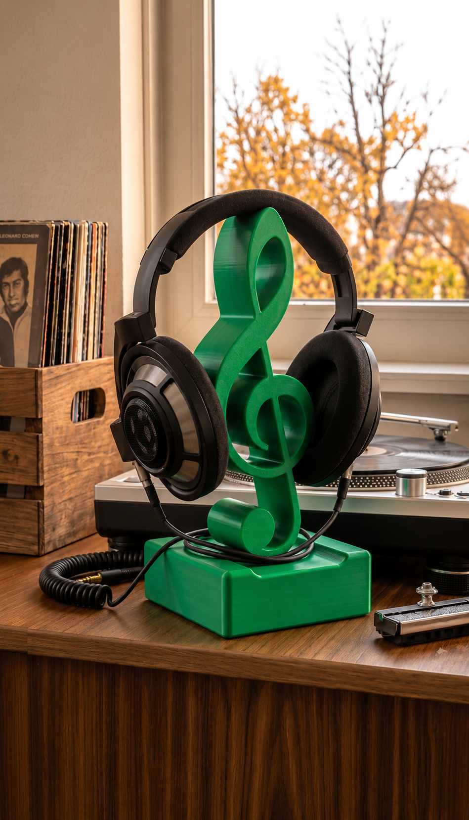 Green treble clef headphone stand with black headphones on a desk.