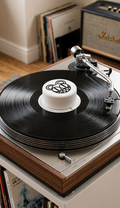 White record stabilizer with black bear graphic on a turntable.
