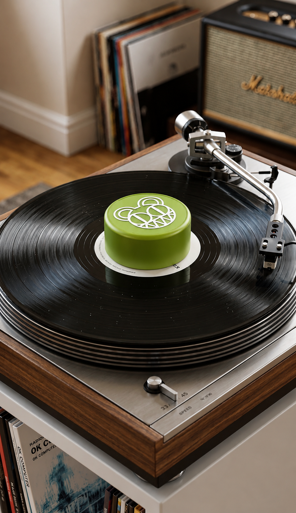 Green record stabilizer with white bear graphic on a turntable.