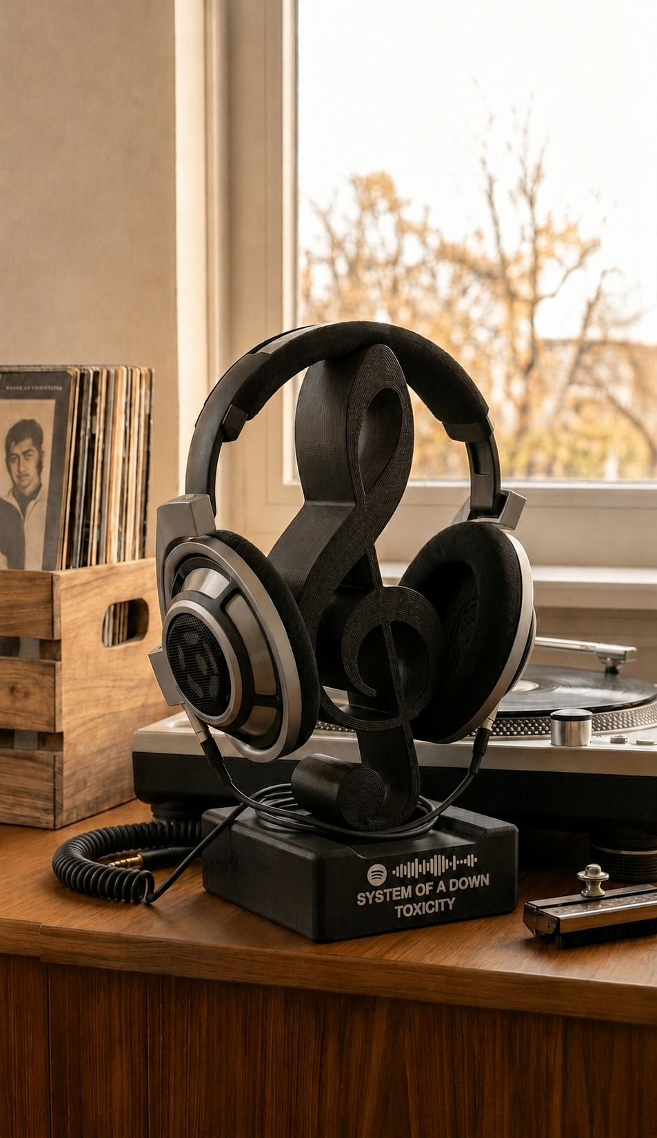 Black treble clef headphone stand with scannable music code.