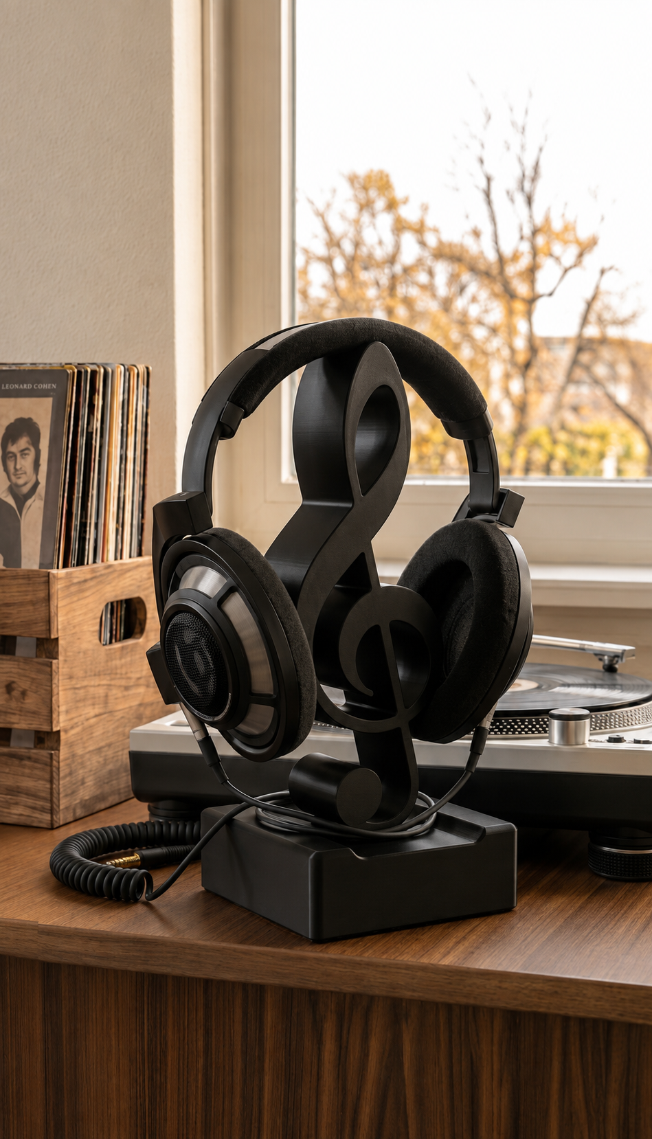 Black treble clef headphone stand with black headphones on a desk.