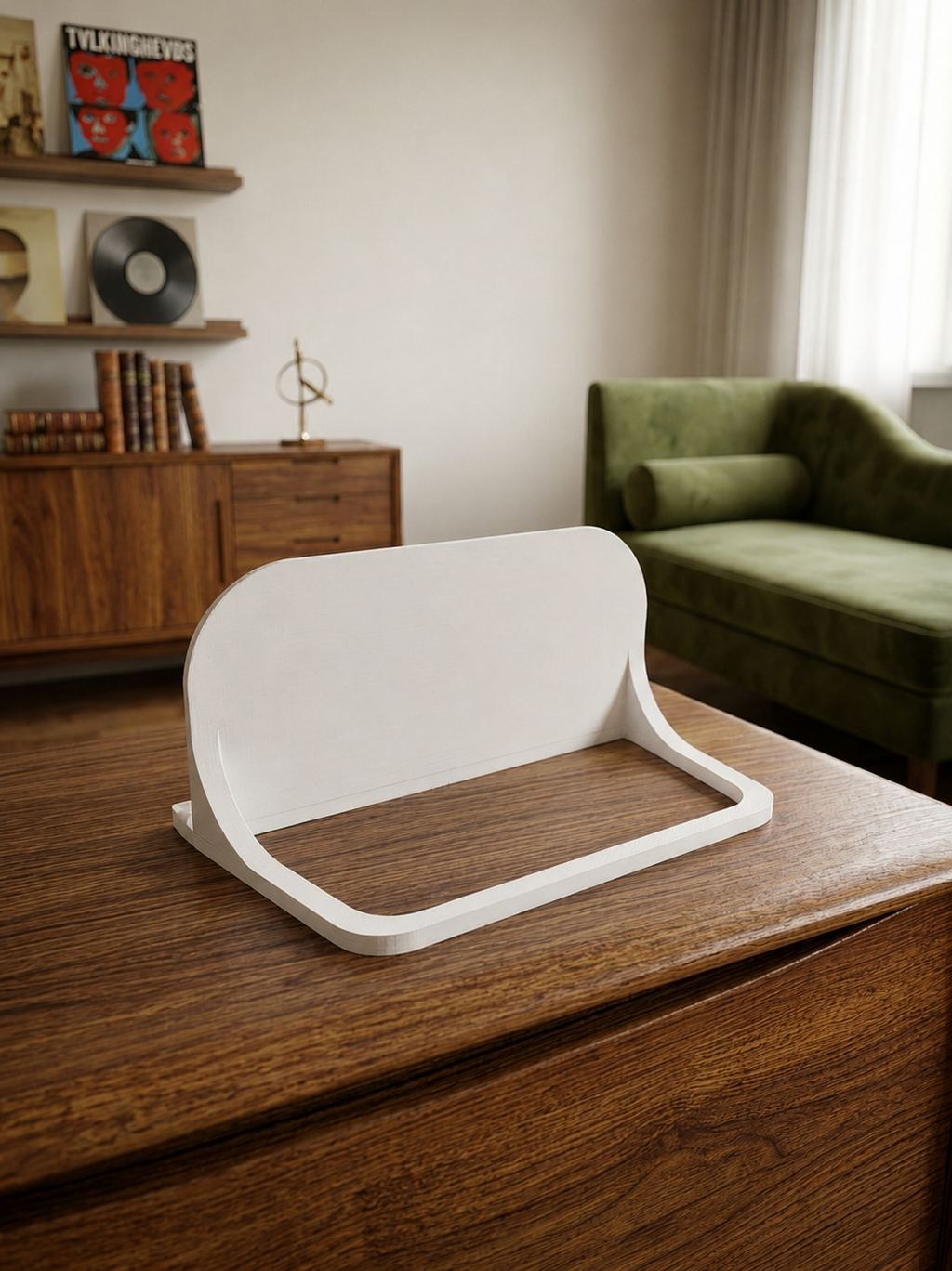 Empty white minimalist vinyl record stand on a wooden cabinet.