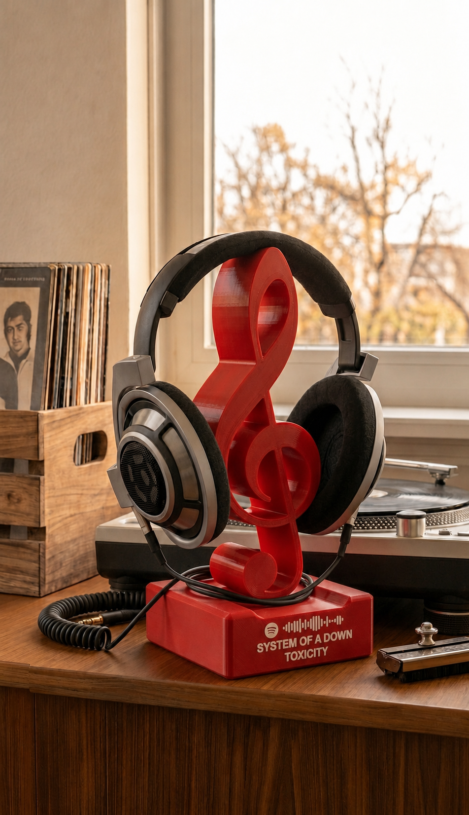 Red treble clef headphone stand with scannable song code.