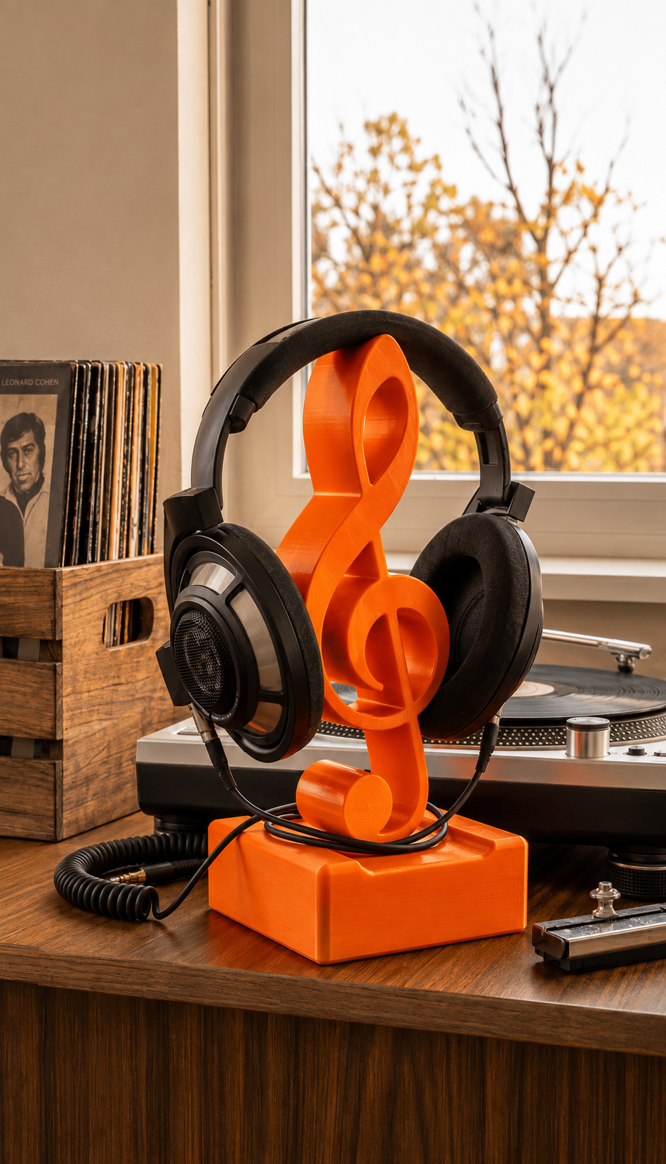 Orange treble clef headphone stand with black headphones on a desk.