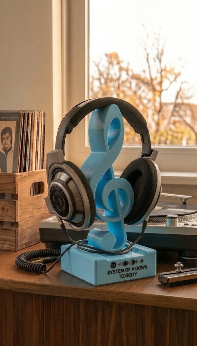 Light blue treble clef headphone stand with Toxicity song code.