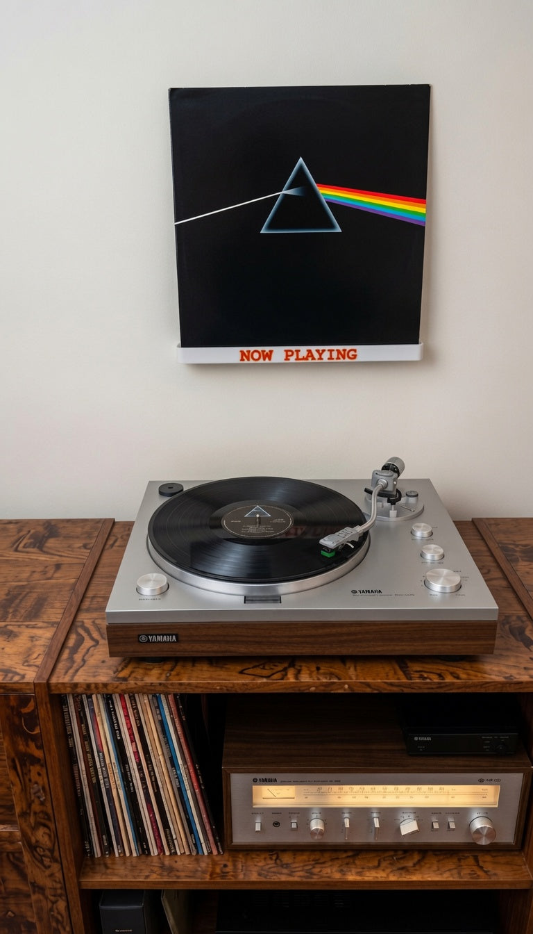 White wall-mounted vinyl record shelf with orange 'NOW PLAYING' text.