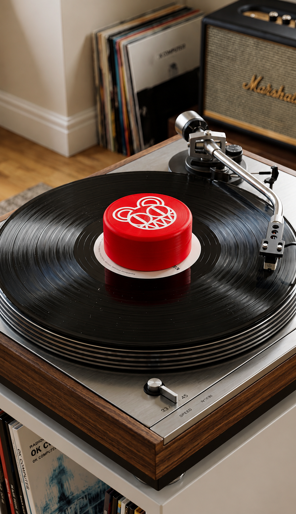 Red record stabilizer with white bear graphic on a turntable.